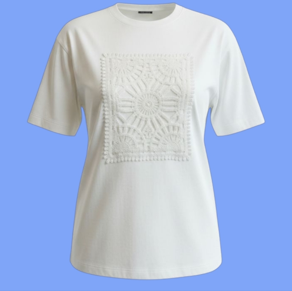 Women's Short Sleeve Lace Detail Tee - Cream